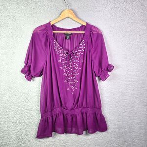 Lane Bryant Purple Embroidered Peasant Tunic Flutter Sleeve 18 20